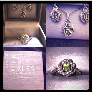 sterling silver peridot earrings, necklace,& ring
